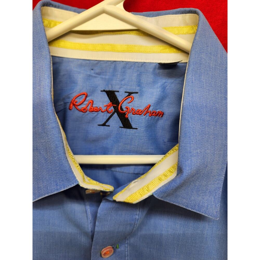 Robert Graham Mens 2XLT Blue Button Up Shirt Long Sleeve Plaid Trim